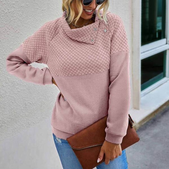Blush Pink Quilted button neck detail pullover sweater - Picture 7 of 14